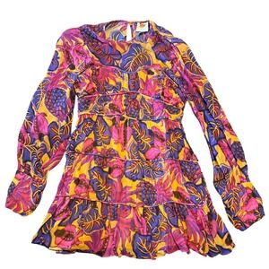 Farm Rio Fruit Dream Yellow Mini Dress Tropical Long Sleeve NWT Size S 312362
